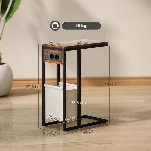 Table D’appoint En C Avec Chargeur USB-c, Rangement Tissu, 46x25x62,5 Cm, Bois Rustique