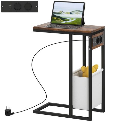 Table D’appoint En C Avec Chargeur USB-c, Rangement Tissu, 46x25x62,5 Cm, Bois Rustique