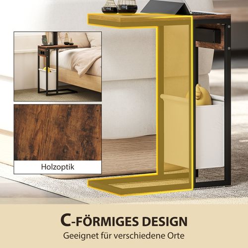 Table D’appoint En C Avec Chargeur USB-c, Rangement Tissu, 46x25x62,5 Cm, Bois Rustique