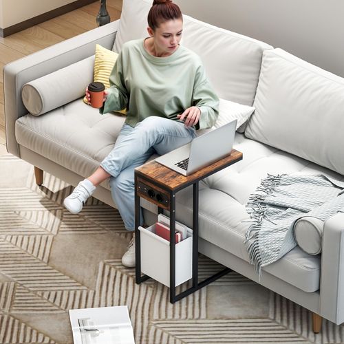 Table D’appoint En C Avec Chargeur USB-c, Rangement Tissu, 46x25x62,5 Cm, Bois Rustique