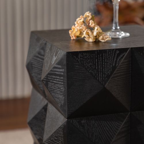 Table D’appoint Vintage Noire Avec Relief 3d, 60 Cm, Bois Massif, Sans Montage
