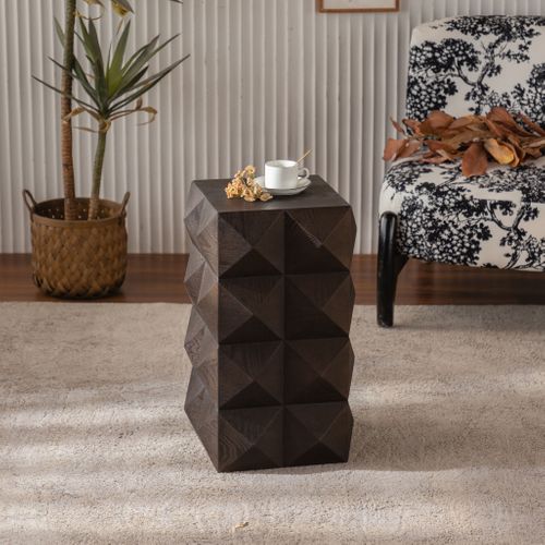 Table D’appoint Vintage Marron Avec Relief 3d, 60 Cm, Bois Massif, Sans Montage