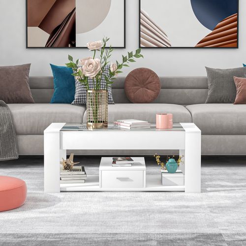 Table Basse Blanche Avec Plateau En Verre Et Rangements 100x50x40 Cm