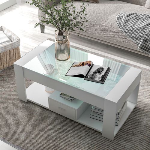 Table Basse Blanche Avec Plateau En Verre Et Rangements 100x50x40 Cm
