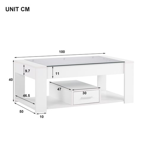 Table Basse Blanche Avec Plateau En Verre Et Rangements 100x50x40 Cm