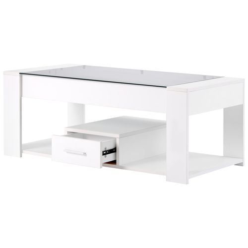 Table Basse Blanche Avec Plateau En Verre Et Rangements 100x50x40 Cm