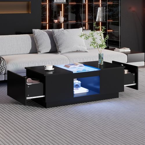 Table Basse Noire 100x50x35,5 Cm Avec LED Contrôlée Par Application, 2 Tiroirs Et Niche Ouverte