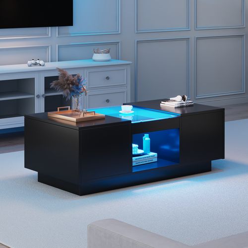 Table Basse Noire 100x50x35,5 Cm Avec LED Contrôlée Par Application, 2 Tiroirs Et Niche Ouverte
