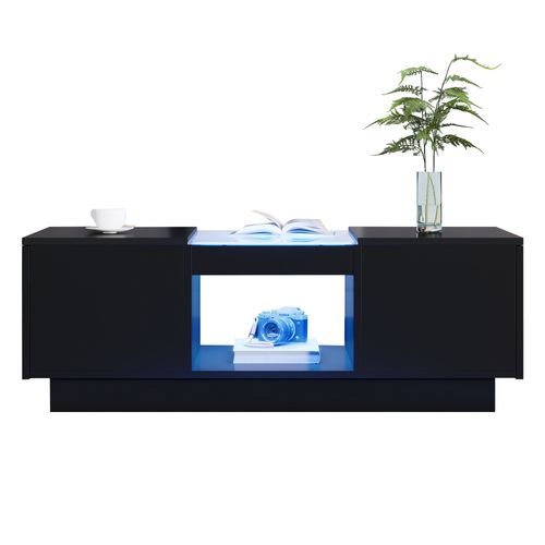 Table Basse Noire 100x50x35,5 Cm Avec LED Contrôlée Par Application, 2 Tiroirs Et Niche Ouverte