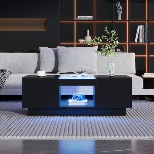 Table Basse Noire 100x50x35,5 Cm Avec LED Contrôlée Par Application, 2 Tiroirs Et Niche Ouverte