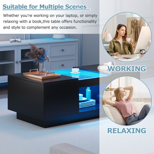 Table Basse Noire 100x50x35,5 Cm Avec LED Contrôlée Par Application, 2 Tiroirs Et Niche Ouverte