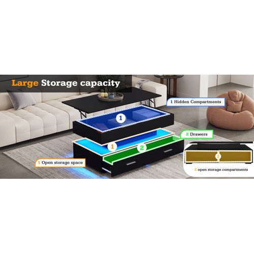 Table Basse Noire 100x50x44 Cm, Hauteur Réglable Hydraulique, LED Bluetooth, 2 Tiroirs