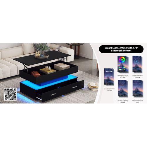 Table Basse Noire 100x50x44 Cm, Hauteur Réglable Hydraulique, LED Bluetooth, 2 Tiroirs