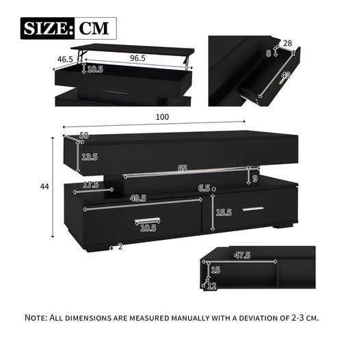 Table Basse Noire 100x50x44 Cm, Hauteur Réglable Hydraulique, LED Bluetooth, 2 Tiroirs