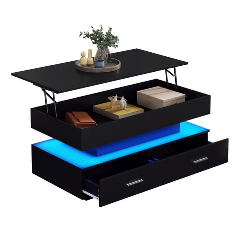 Table Basse Noire 100x50x44 Cm, Hauteur Réglable Hydraulique, LED Bluetooth, 2 Tiroirs