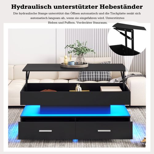 Table Basse Noire 100x50x44 Cm, Hauteur Réglable Hydraulique, LED Bluetooth, 2 Tiroirs
