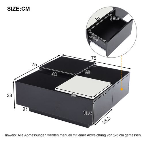 Table Basse Carrée Laquée Noire Moderne Avec Plateau Blanc Coulissant Et 4 Tiroirs 75x75x33,5 Cm