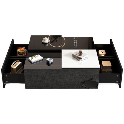 Table Basse Carrée Laquée Noire Moderne Avec Plateau Blanc Coulissant Et 4 Tiroirs 75x75x33,5 Cm