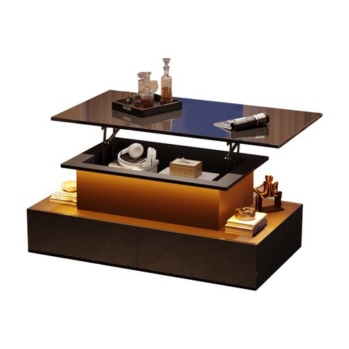Table Basse Noire Laquée Moderne Avec LED Et 4 Tiroirs, 80x55x41 Cm