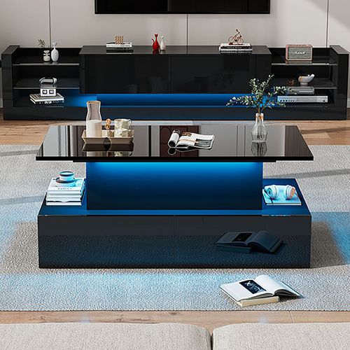 Table Basse Noire Laquée Moderne Avec LED Et 4 Tiroirs, 80x55x41 Cm