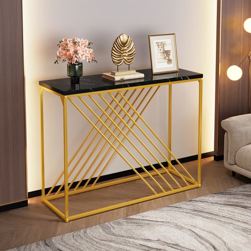 Table Console Noire Laquée Au Design Rétro, Pieds Dorés, 100x35x77 Cm, Style Vintage