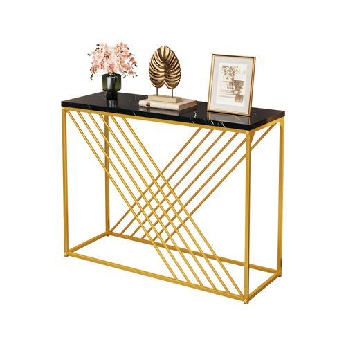 Table Console Noire Laquée Au Design Rétro, Pieds Dorés, 100x35x77 Cm, Style Vintage