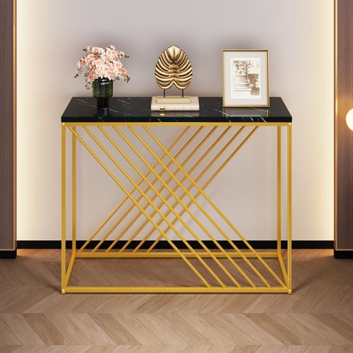 Table Console Noire Laquée Au Design Rétro, Pieds Dorés, 100x35x77 Cm, Style Vintage