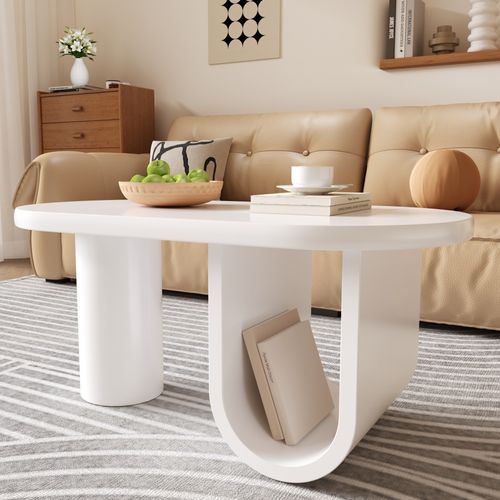 Table Basse Ovale Blanche Avec Pieds En U – Design Moderne Et Fonctionnel, 98,5 X 53,5 X 42 Cm