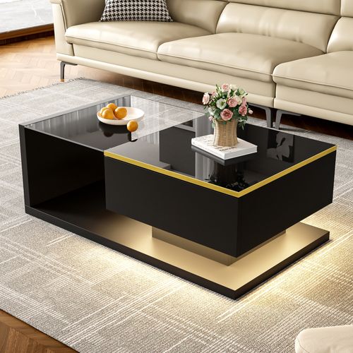 Table Basse Noire 90 Cm Avec LED Et Plateau En Verre Trempé – Design Moderne Brillant