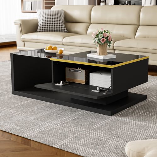 Table Basse Noire 90 Cm Avec LED Et Plateau En Verre Trempé – Design Moderne Brillant