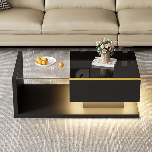 Table Basse Noire 90 Cm Avec LED Et Plateau En Verre Trempé – Design Moderne Brillant