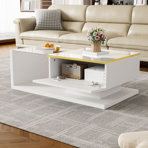 Table Basse Blanche 90 Cm Avec LED Et Plateau En Verre Trempé – Design Moderne Brillant