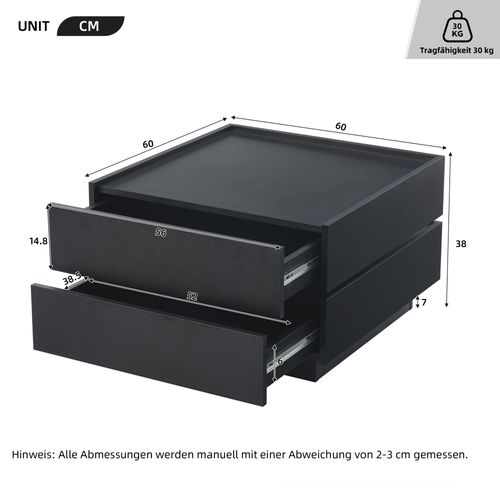 Table Basse Noire Pivotante à 360° Avec 2 Tiroirs Et Étagères, 60x60x38 Cm