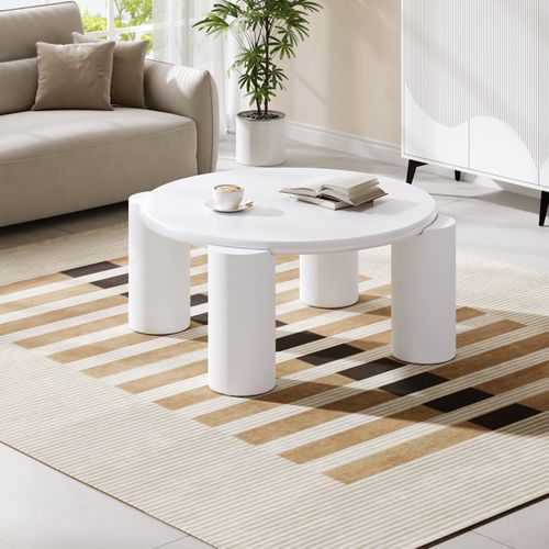 Table Basse Ronde Blanche Effet Nuage, Pieds Stables, Design Moderne 70x70x40 Cm