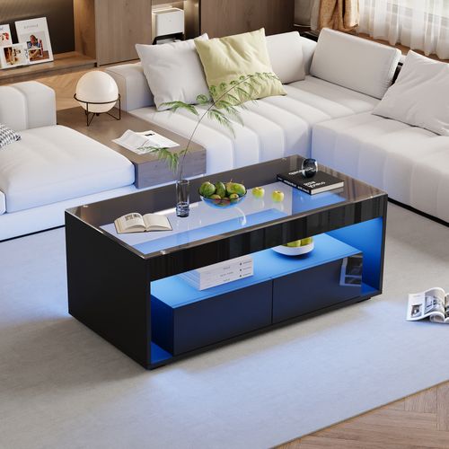 Table Basse Noire LED 16 Couleurs, 2 Tiroirs, Plateau Verre Trempé 100x50x40 Cm