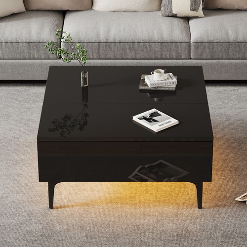 Table Basse Noire LED Multifonction, Plateau Relevable, Rangement Intégré 70x70x35 Cm