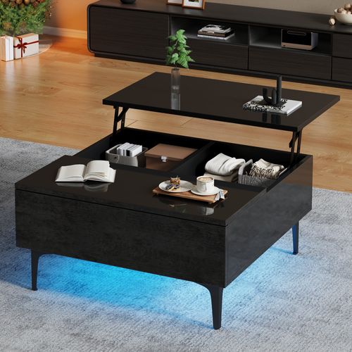 Table Basse Noire LED Multifonction, Plateau Relevable, Rangement Intégré 70x70x35 Cm