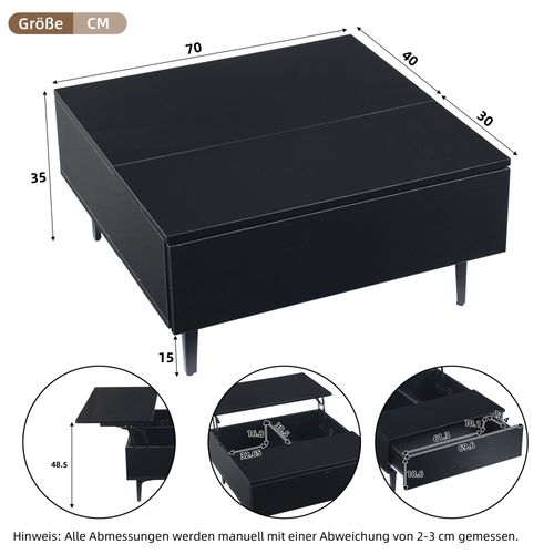 Table Basse Noire LED Multifonction, Plateau Relevable, Rangement Intégré 70x70x35 Cm