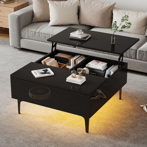 Table Basse Noire LED Multifonction, Plateau Relevable, Rangement Intégré 70x70x35 Cm