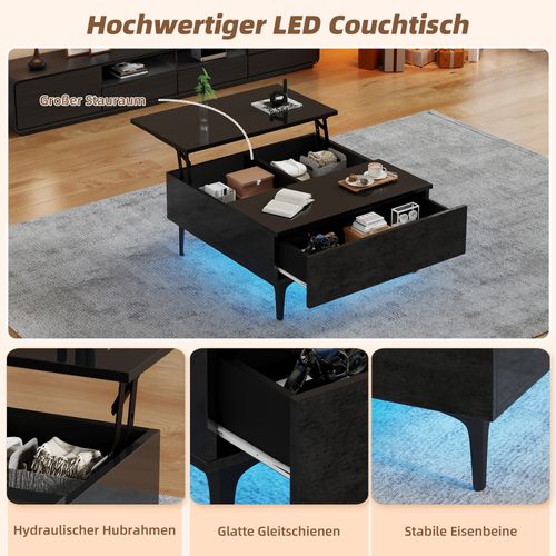 Table Basse Noire LED Multifonction, Plateau Relevable, Rangement Intégré 70x70x35 Cm