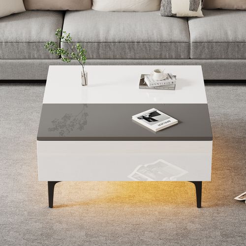 Table Basse Blanche LED Multifonction, Plateau Relevable, Rangement Intégré 70x70x35 Cm