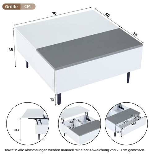 Table Basse Blanche LED Multifonction, Plateau Relevable, Rangement Intégré 70x70x35 Cm