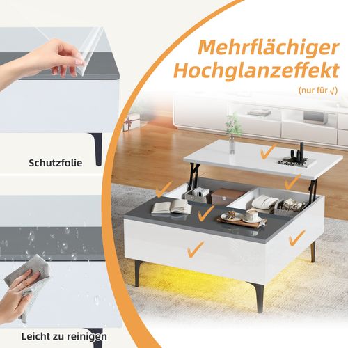 Table Basse Blanche LED Multifonction, Plateau Relevable, Rangement Intégré 70x70x35 Cm