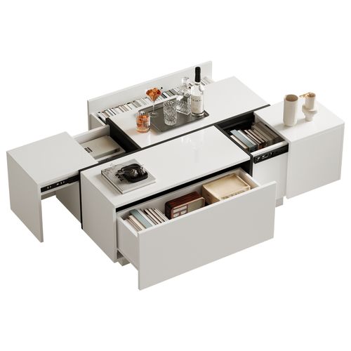 Table Basse Moderne Blance Et Blanche 100x60 Cm Avec 4 Tiroirs, Plateau Brillant
