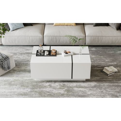 Table Basse Moderne Blance Et Blanche 100x60 Cm Avec 4 Tiroirs, Plateau Brillant