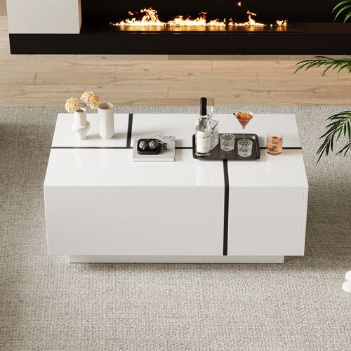 Table Basse Moderne Blance Et Blanche 100x60 Cm Avec 4 Tiroirs, Plateau Brillant