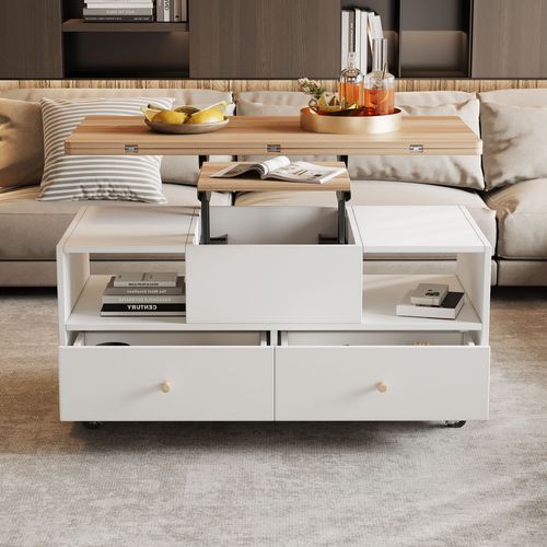 Table Basse Transformable à Hauteur Réglable Avec 4 Tiroirs Et Roulettes, 100x50 Cm, Bois Et Blanc