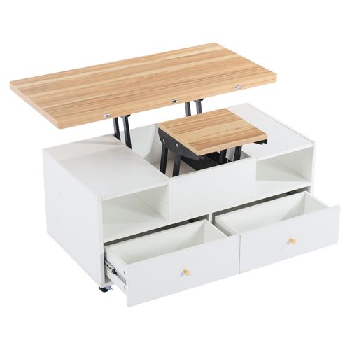 Table Basse Transformable à Hauteur Réglable Avec 4 Tiroirs Et Roulettes, 100x50 Cm, Bois Et Blanc