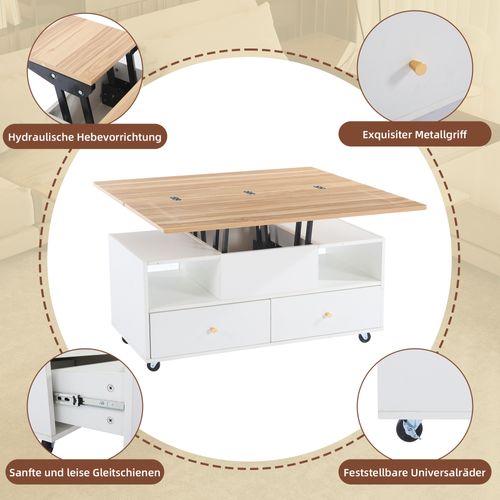 Table Basse Transformable à Hauteur Réglable Avec 4 Tiroirs Et Roulettes, 100x50 Cm, Bois Et Blanc