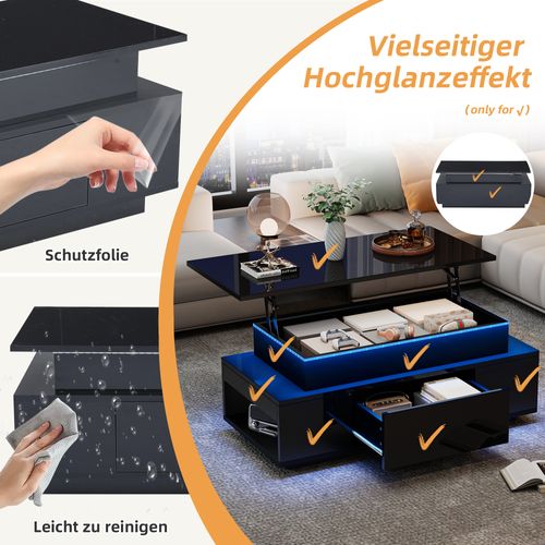 Table Basse Noire Réglable Avec LED, Rangement Caché Et Tiroir 96x45x40 Cm